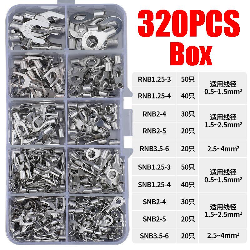 320PCS Copper Ring Fork Terminals Kit Non-Insulated Electrical O/Y Type Brass Terminal Assortment Set Cable Wire Connector Crimp