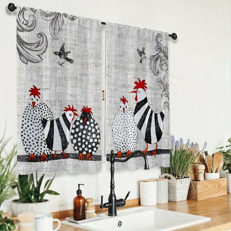 2 Bucăți - Perdele imprimate cu model abstract de pui cu buline retro, decorațiuni pentru ferestre, decorațiuni pentru casă, decorațiuni pentru cameră