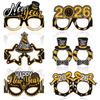 6Pcs/Set 2026 Happy New Year Black Gold New Year Paper Glasses Photo Props