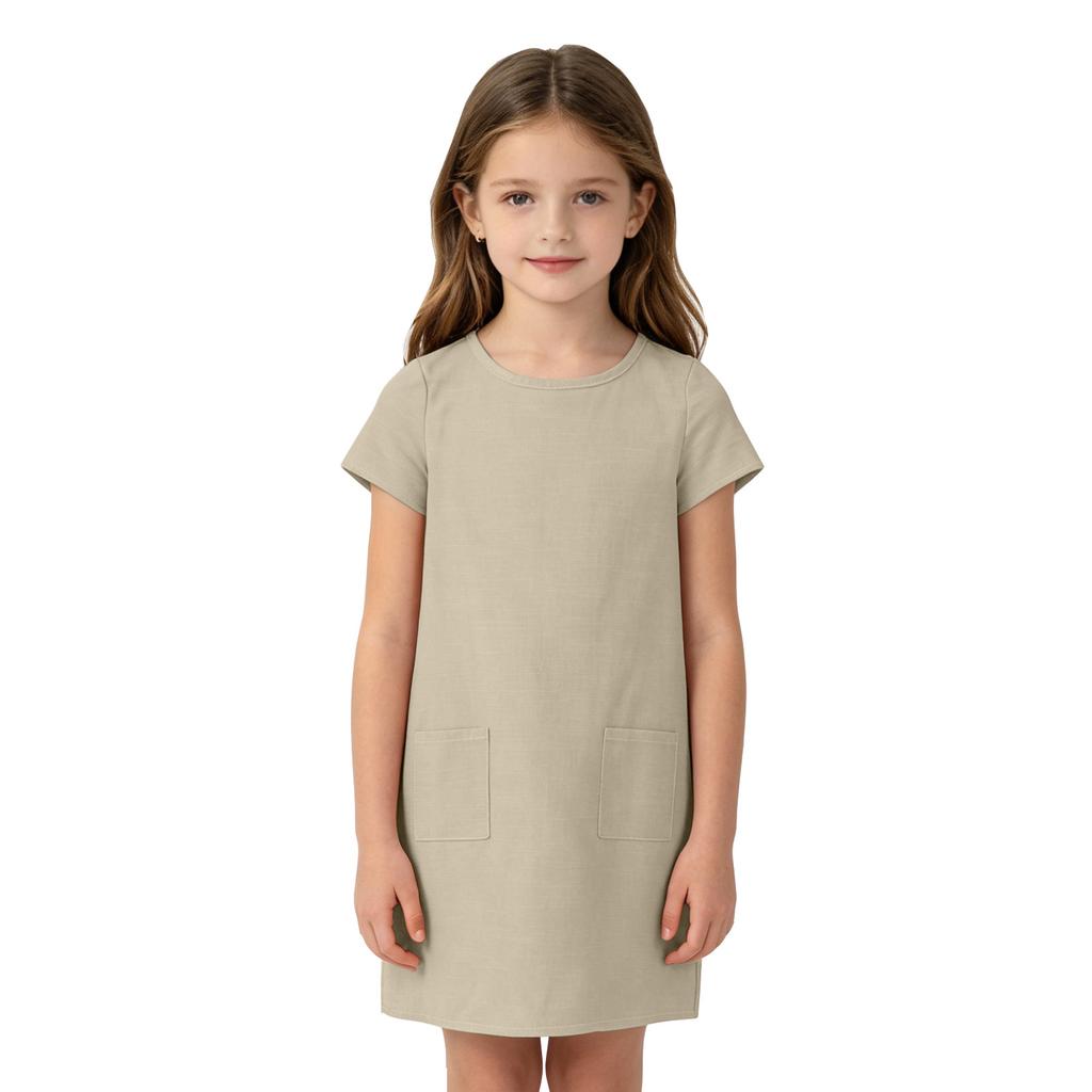 Girls Casual Dress Summer Linen Cotton Blend Short Sleeve Pockets Straight Cut Comfortable Lightweight Dress for Everyday Wear