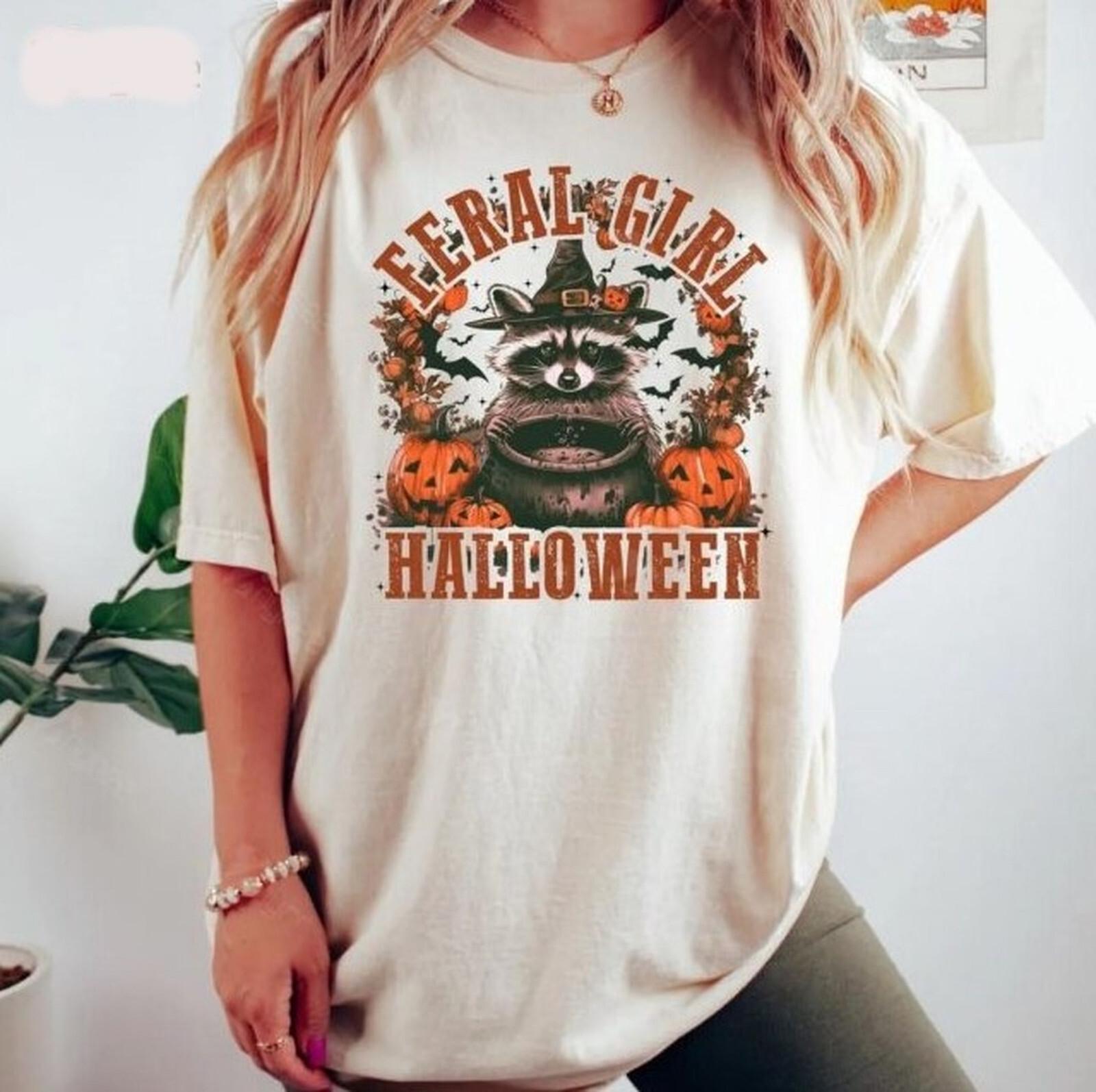 Feral Girl Halloween Witch Racoon Pumpkin Halloween Shirt Gift For Racoon Lovers M