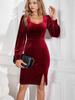 2024 Elegant Velvet Square Neck Slim Fit Dress with Mutton Sleeves for Autumn/Winter
