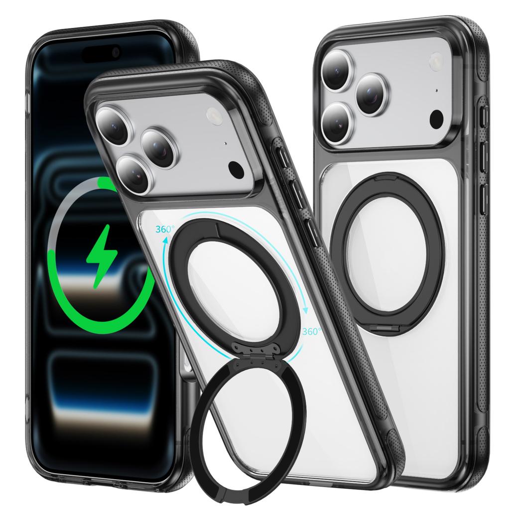 Crystal Clear Magnetic Case With Metal Gear Kickstand Anti Slip Raised Camera Protection For iPhone 12 13 14 15 16 17 Pro Max Wireless Charging