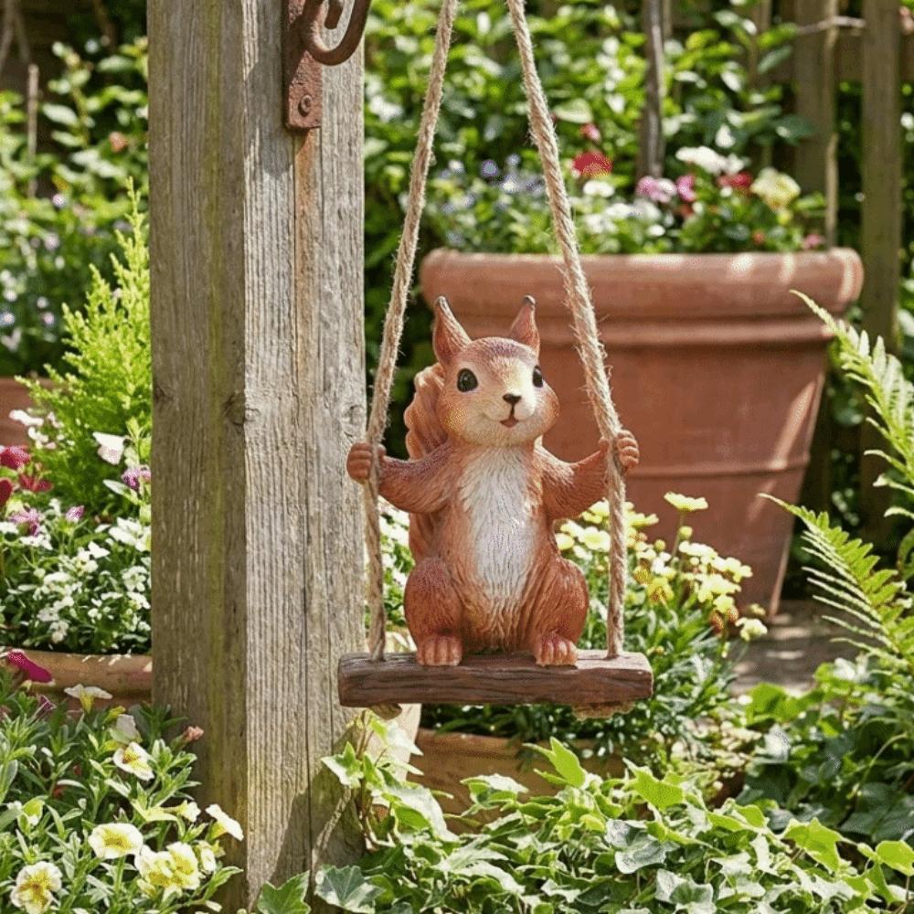 Resin Squirrel On Swing Weatherproof Squirrel Figurine Garden Decoration Indoor