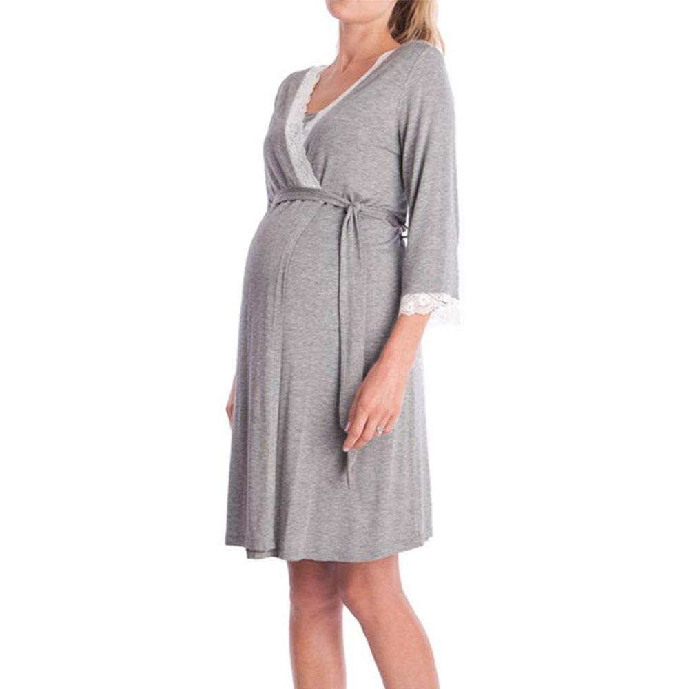 Women's V Neck Lace Trim 3/4 Sleeve Wrap Maternity Nursing Dress With Waist Tie