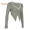 Women Tops V-Neck Lace Stitching Long Sleeve Irregular Hem Pullover Tops Solid Color Ribbed Slim Fit Cropped Tops