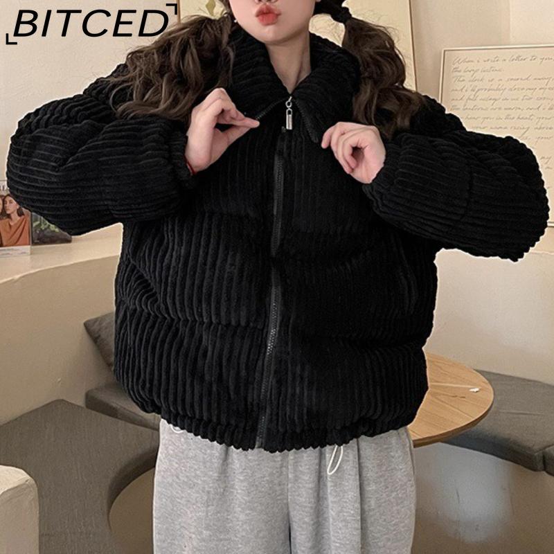 BITCED Winter Women's Stand Collar Short Corduroy Quilted Down Jacket Loose-Fit Lightweight Cotton-Padding Coat