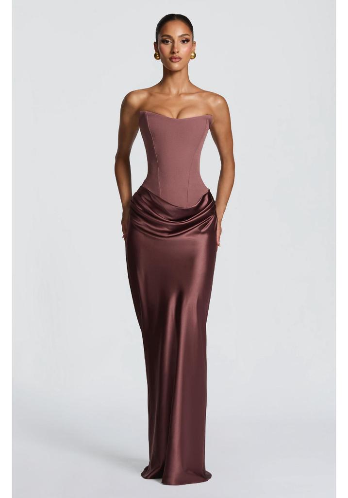 Europäisches einfarbiges trägerloses Satin-Bodycon-Kleid mit Schnürband in der Taille