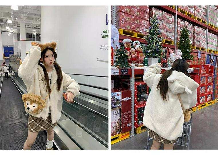 Women's Versatile Mid-Length Plush Jacket with Cute Bear Ears - 2025 Autumn/Winter Collection