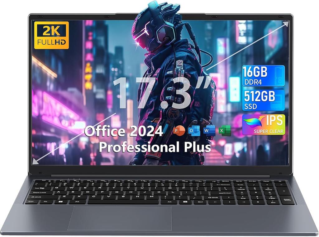 Fsjun Office 2024 Laptop with Windows 11 2K FHD IPS Twin Lake N150 Processor to 16GB RAM 512GB NVMe USB 5G Ideal for Working from and Gray Pro,