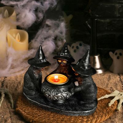 Black Cat Candle Holder Resin Halloween Cats with Witch Hats Candle Holder Vintage Candle Holder Tabletop Decoration Gift for Cat Lovers