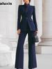 Conjunto de Blazer de Manga Larga Liso con Bolsillo y un Botón para Mujer + Pantalones de Pierna Ancha Conjunto de Dos Piezas