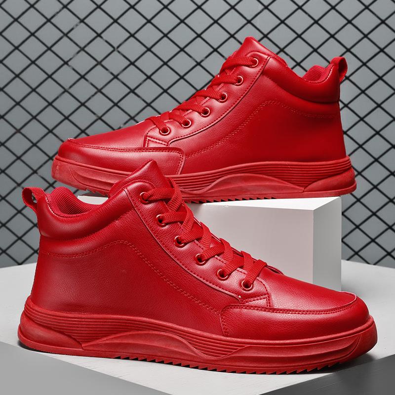 Men's Shoes 2024 Spring New Trend Versatile China Red Natal Year High Top Leather Shoes Casual Sports Board Shoes Trendy Shoes