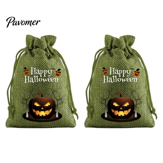 Trick or Treat Party Souvenirs 2Pcs Halloween Pumpkin Drawstring Bags for Candy Treats, Retro Burlap Rustic Linen Goodie Bags, Portable Kids