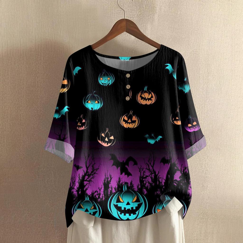 Camicia alla moda e casual da donna a maniche corte con scollo rotondo e stampa, blusa top in cotone e lino