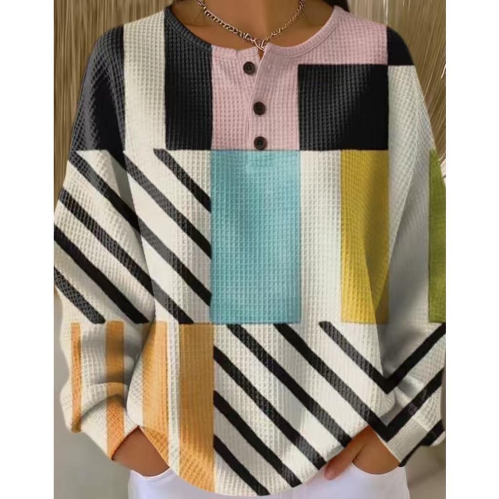 Women's Crew Neck Long Sleeve Waffle Knit Henley Top Loose Fit Casual Sweatshirt