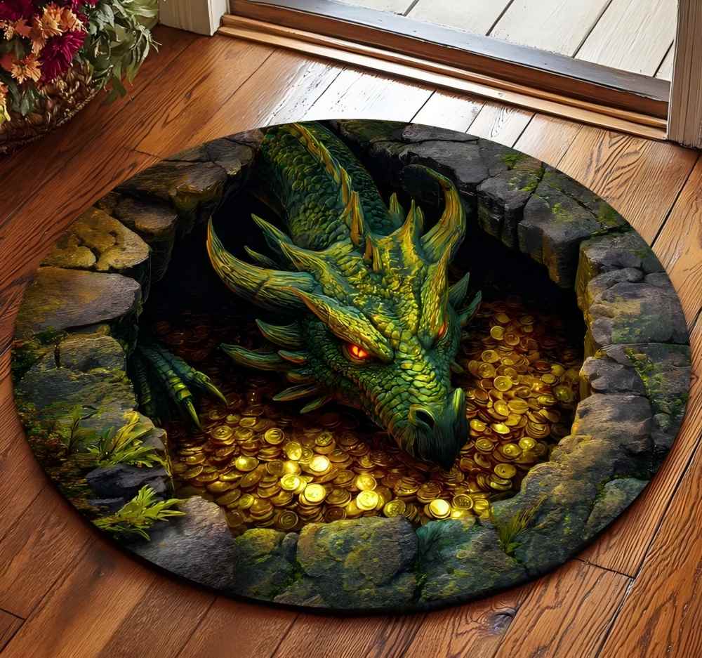 

Vikama Flannel 3D Illusion Dragon and Book Roll Round Carpet Decorative Bedroom Floor Mat, Dragon Enthusiast Home Decoration Ite 80cmx80cm