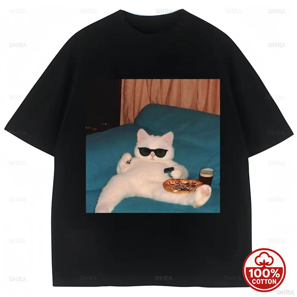 Funny Glasses Cat and Pizza Meme Tshirt Unisex Creativity Fashion Kawaii Casual Cotton Tees Cat Lovers Gifts Graphic T Shirts
