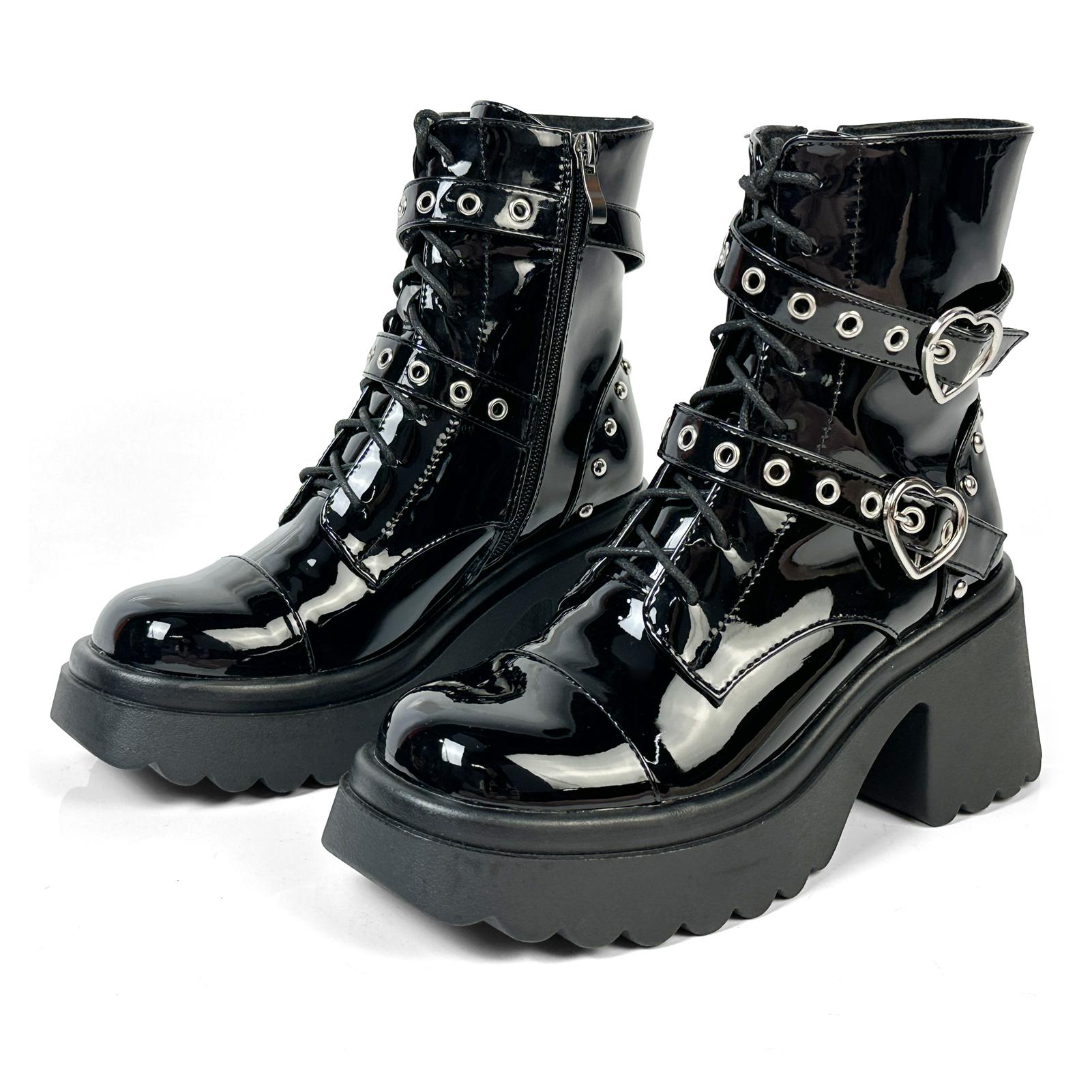 

FOREADA Women Patent Leater Ankle Boots Round Toe Chunky High Heels Buckle Zipper Lace-up Short Boots Ladies Fashion Shoes Winter Black 39 чёрный