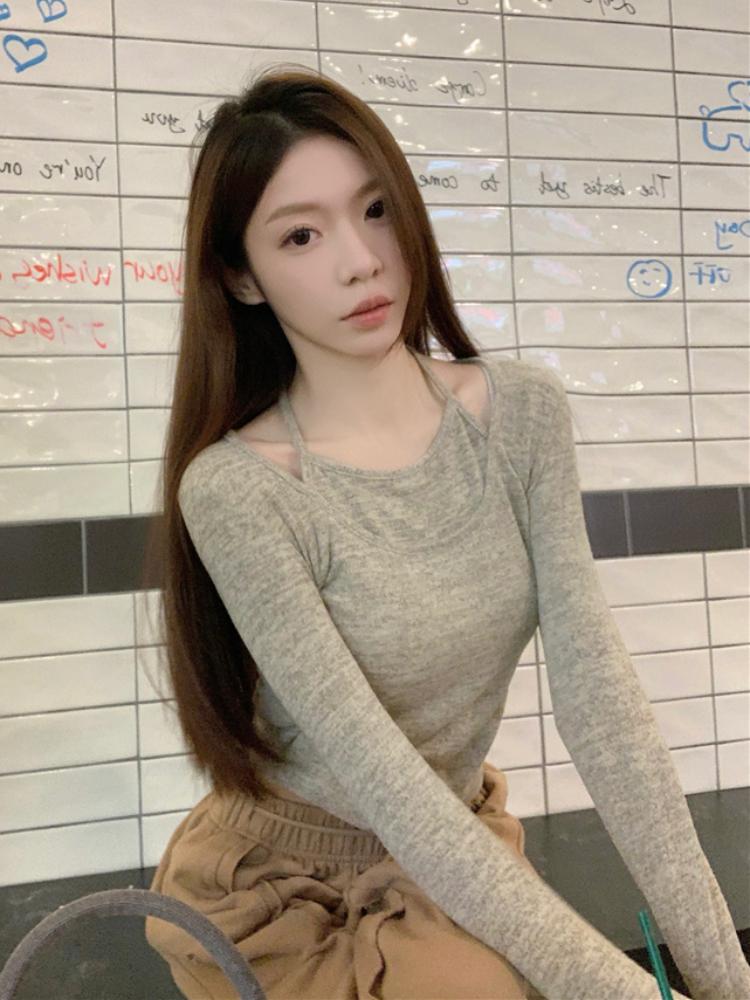 Sweet Hanging Neck Fake Two Pieces Tops Women Korean Chic Bottoming Slim T-Shirt Harajuku Fashion Casual Clothes Autumn 2024 New