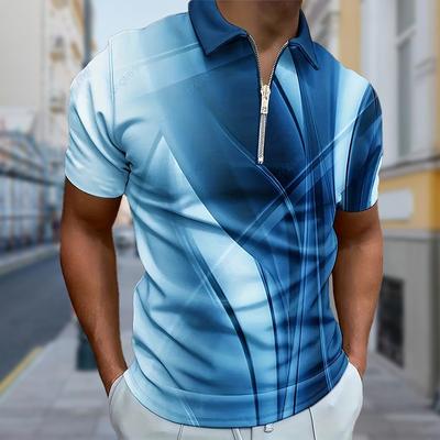 Polo da uomo, casual, con cerniera, a maniche corte, alla moda, casual, estivo, primaverile, vestibilità regolare, con stampa di forme geometriche 3D