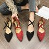 Burgunderfarbene Dameneinzelne Schuhe Frühling Flachsohlige Spitze Vielseitige Sanfte Fee Schuhe Kreuzgurt Damenschuhe