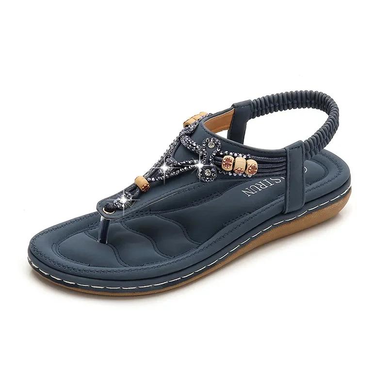 

2026 Shoes Women Summer Rome Sandals Retro Clip Toe Rhinestone Wedge Platform Beach Bohemian Flip Flops Sandalias De Mujer 35 тёмно-синий