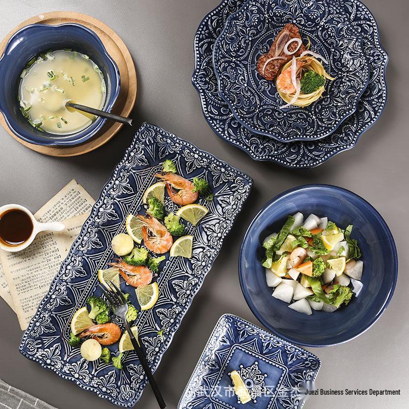 European Baroque Embossed Ceramic Dinner & Soup Plate Set