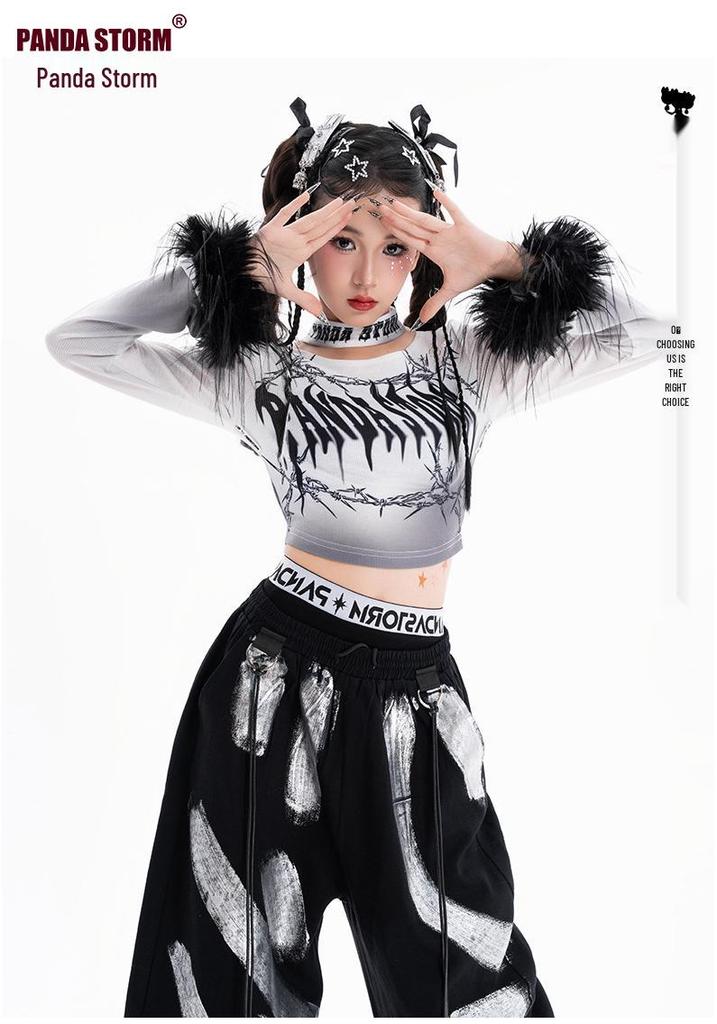 Strój do tańca jazzowego dla dziewcząt: Stylowy komplet topu z długim rękawem i spodni na występy street dance