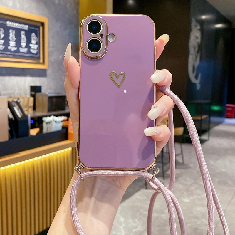 Husă Moale TPU cu Placare cu Imprimeu Inimă Iubire Pentru iPhone 16 Pro Max 15 Pro 14 Pro 13 12 11 Șnur Crossbody Rezistentă la Șocuri Protecție Obiectiv Husă Luciosă pentru Telefon