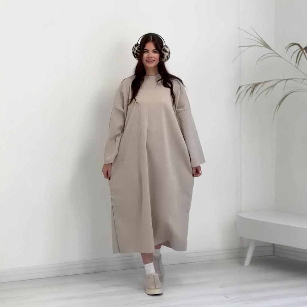 2025 Autumn European & American Women's Casual Round Neck Bell Sleeve Knitted Long Sweater Dress