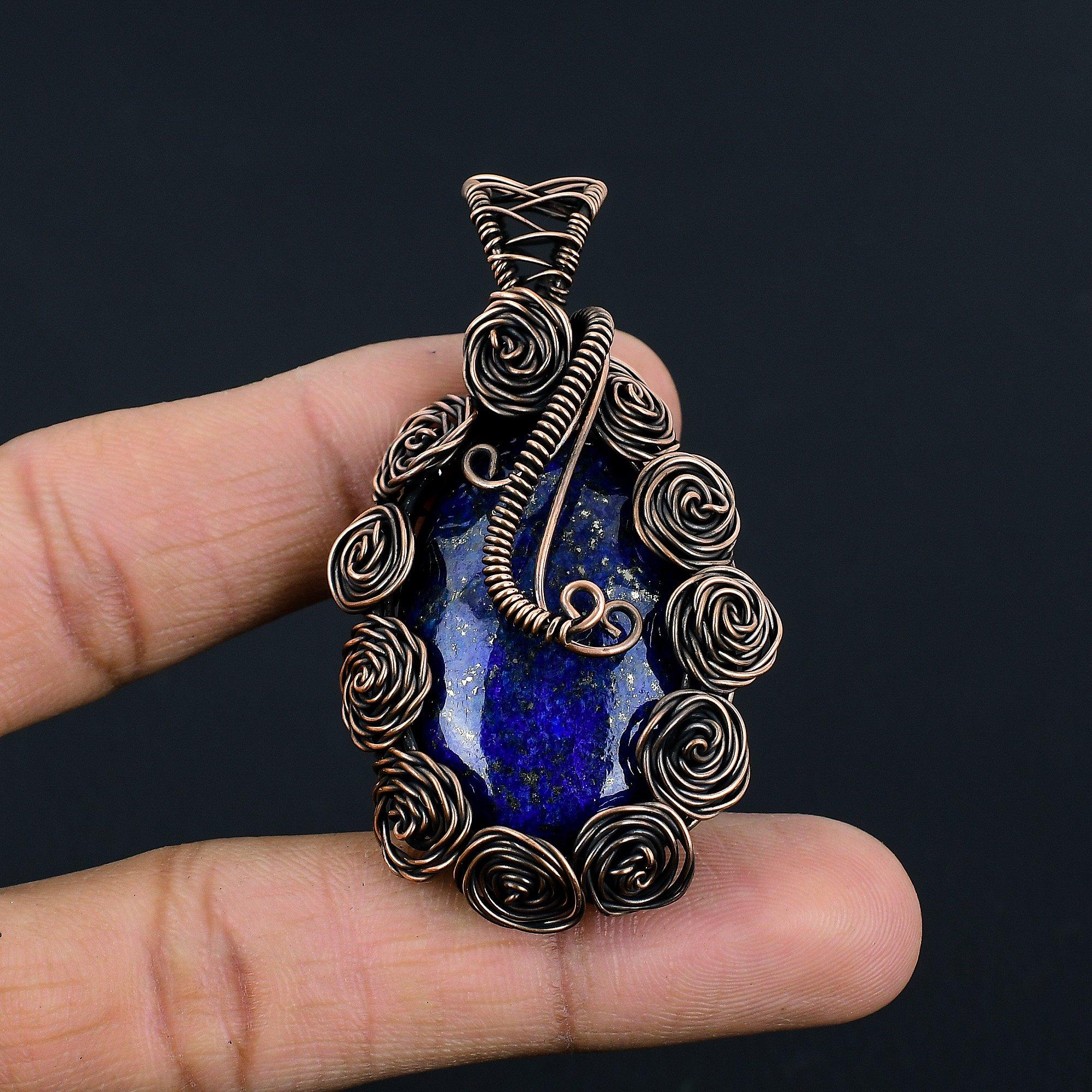

Подвеска из лазурита, ювелирное изделие из драгоценного камня ручной работы, подвеска, обернутая медной проволокой 999 пробы, ювелирная подвеска уникального дизайна 2.55 Inches