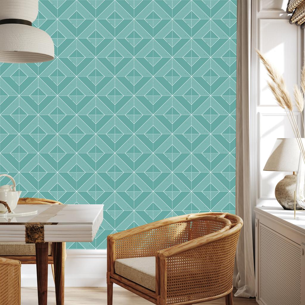 Geometric Rhombus Wallpaper In Teal and Turquoise for the Living Room and Bedroom 50x1000