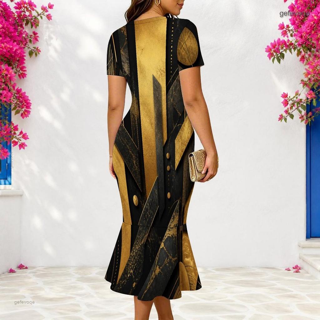 Women Plus Size V Neck Short Sleeve Black Gold Printed Fitted Fishtail Dress