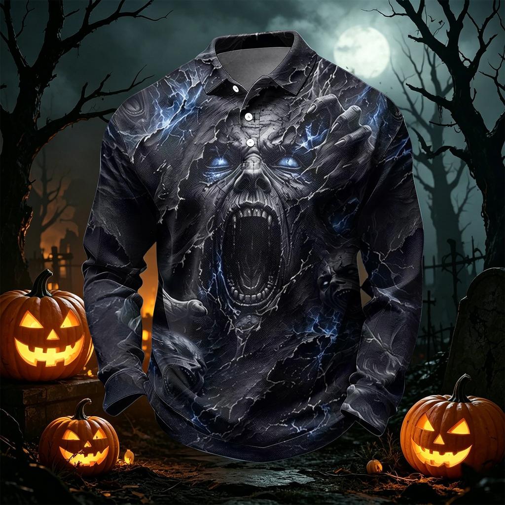 Men's Quick Dry Mesh Long Sleeve Golf Shirt Halloween Print