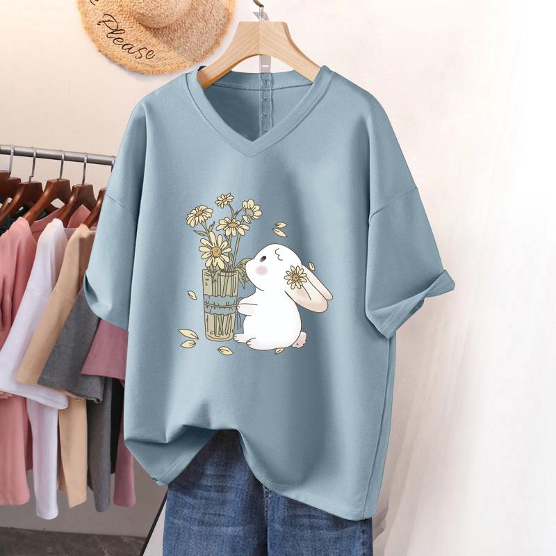 Dámské tričko s krátkým rukávem, volného střihu, zeštíhlující top s potiskem a výstřihem do V