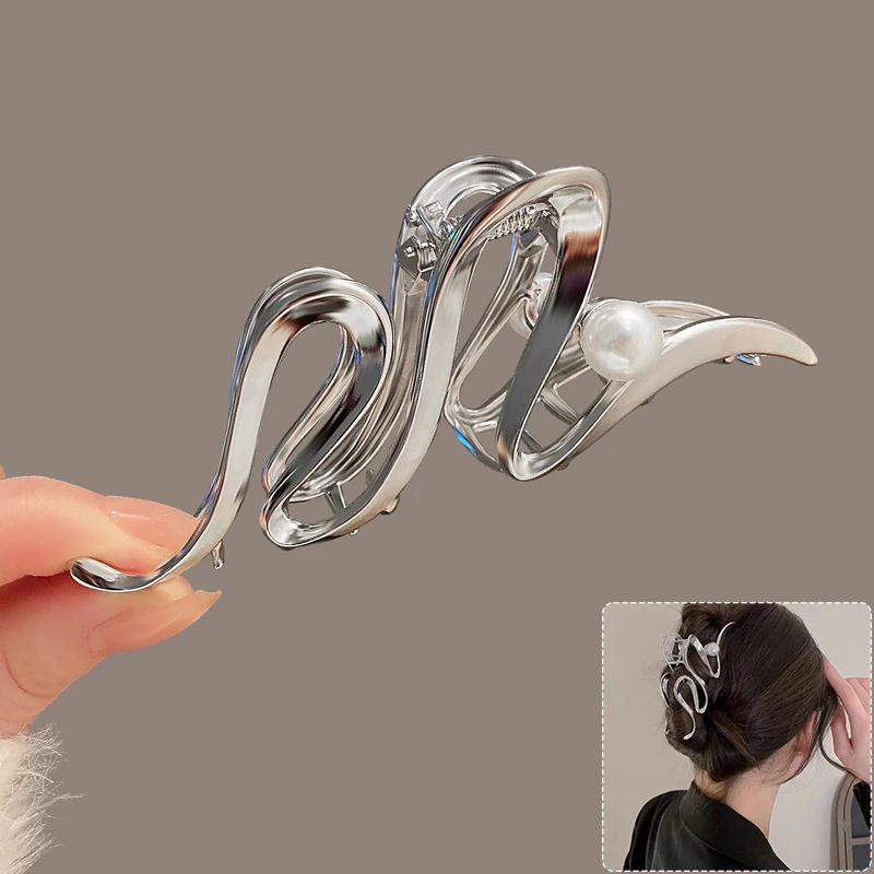 Large Bowknot Womens Hair Claw Clip for Thick Thin Hair Accessories Trendy Elegant Gold Silver Metal Streamer Crab Clamp Jewelry
