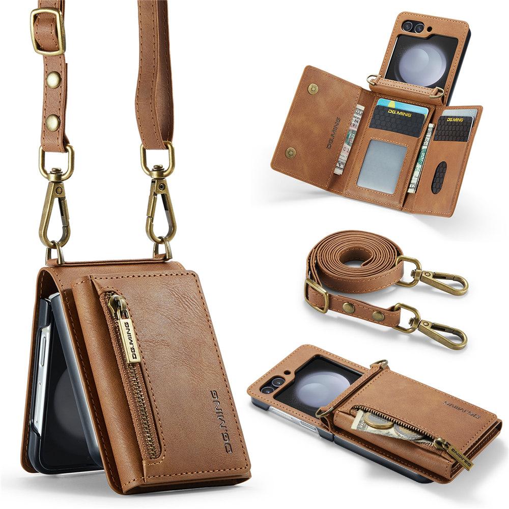 Vintage Lanyard Leather Wallet Case For Samsung Galaxy Z Flip 6 Flip 5 Flip 4 3 Credit Cards Slot Phone Cover