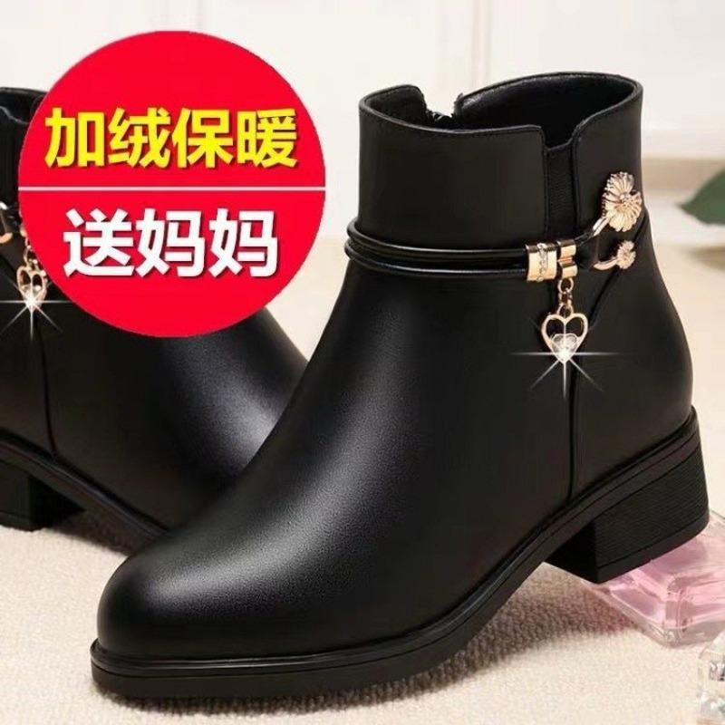 Mom shoes women's cotton shoes winter velvet short boots thick heel flat-soled medium cotton leather shoes non-slip cotton boots