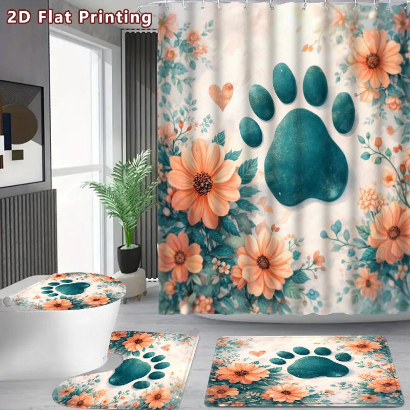 4Pcs Floral Paw Print Shower Curtain Set with Non-Slip Bath Mat, Toilet Lid Cover, Contour Rug & 12 Hooks, Bathroom Decor