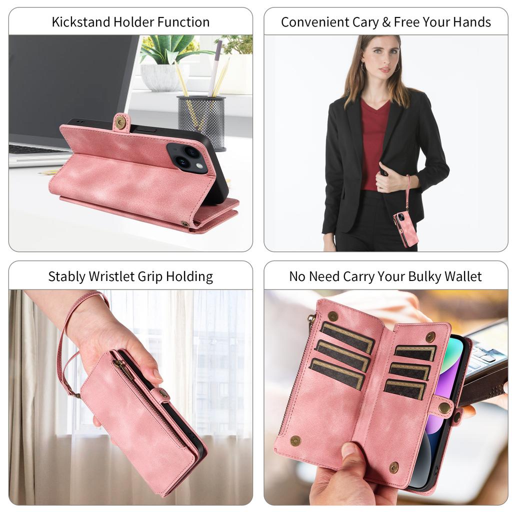 For iPhone 15 RFID Blocking Stand Leather Case Drop-proof Phone Cover Zipper Pocket Wallet with Strap