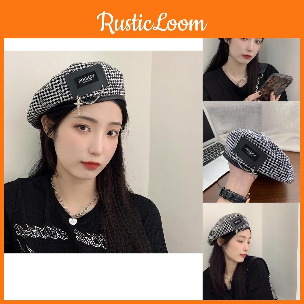 Japanese Houndstooth Stylish Beret Hat For Women With Unique Metal Patch