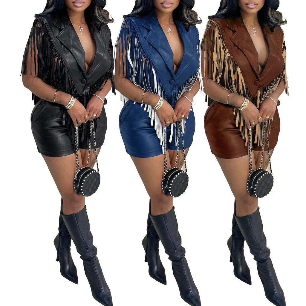 Women's Sexy PU Leather Sleeveless Tassel Top Vest and Shorts Set