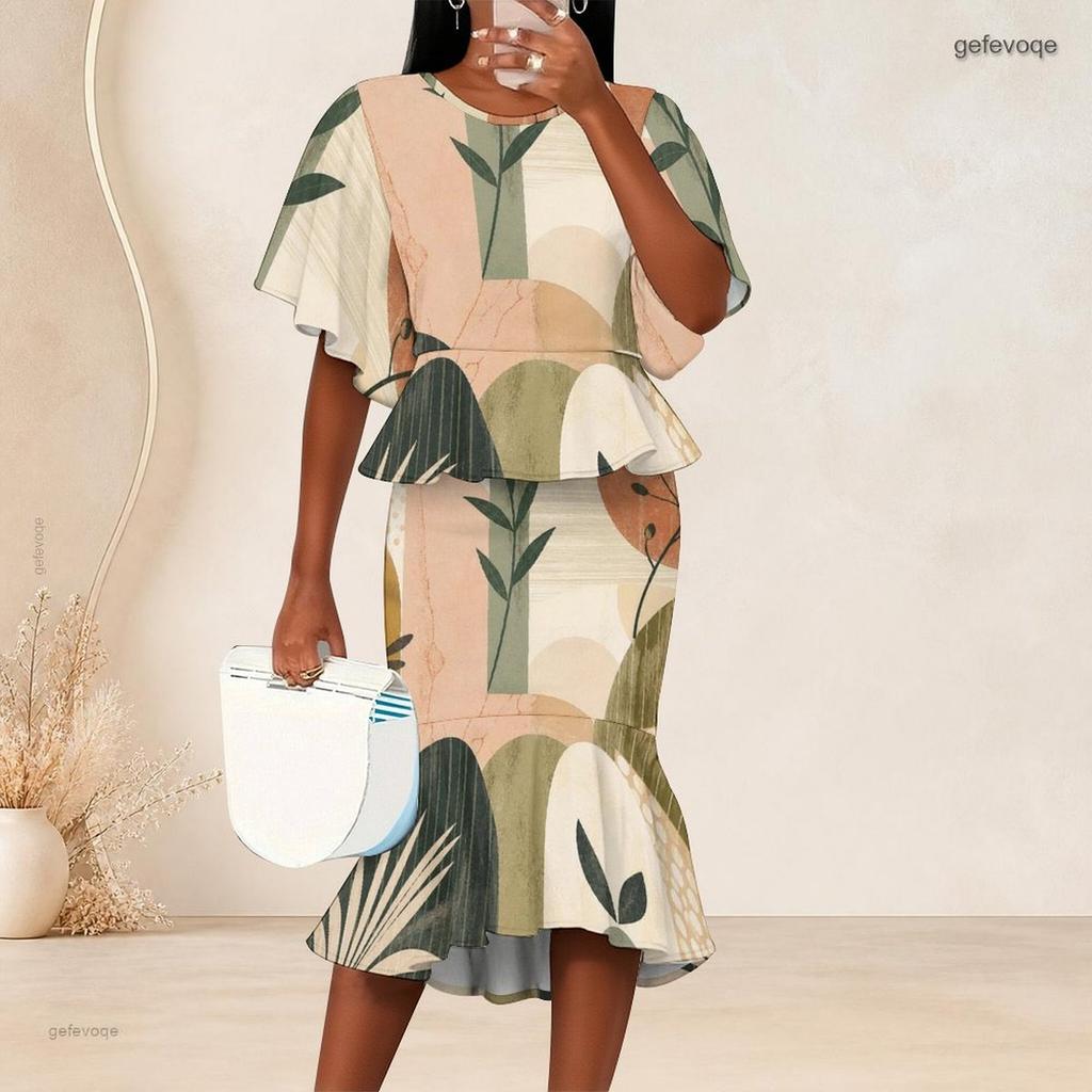 Women Plus Size Abstract Printed Round Neck Batwing Sleeve Ruffle Hem Top Fishtail Skirt Two Piece Set