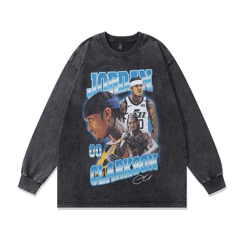 American High Street Retro Washed Old Autumn And Winter Men'S Clothing Hip-Hop Star Printed Washed Long-Sleeved T-Shirt For Men And Women