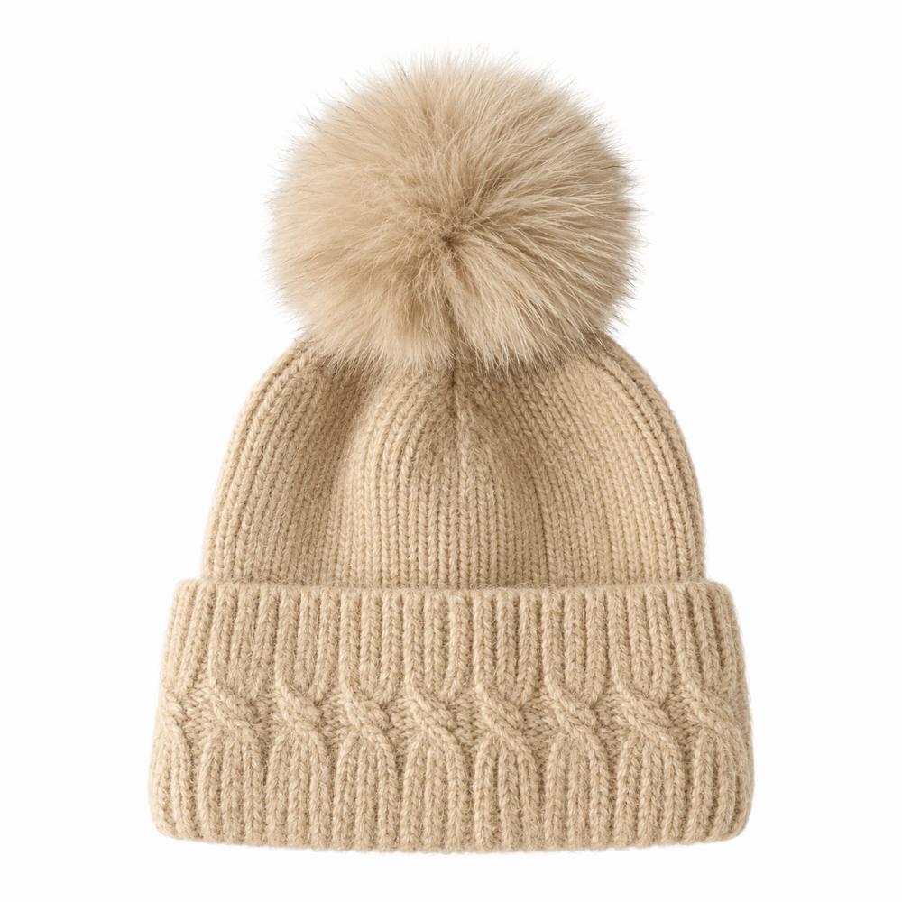 Windproof Knitted Pompom Beanie Twist Knit Thermal Winter Hat Rabbit Fur Beanies Hat For Women