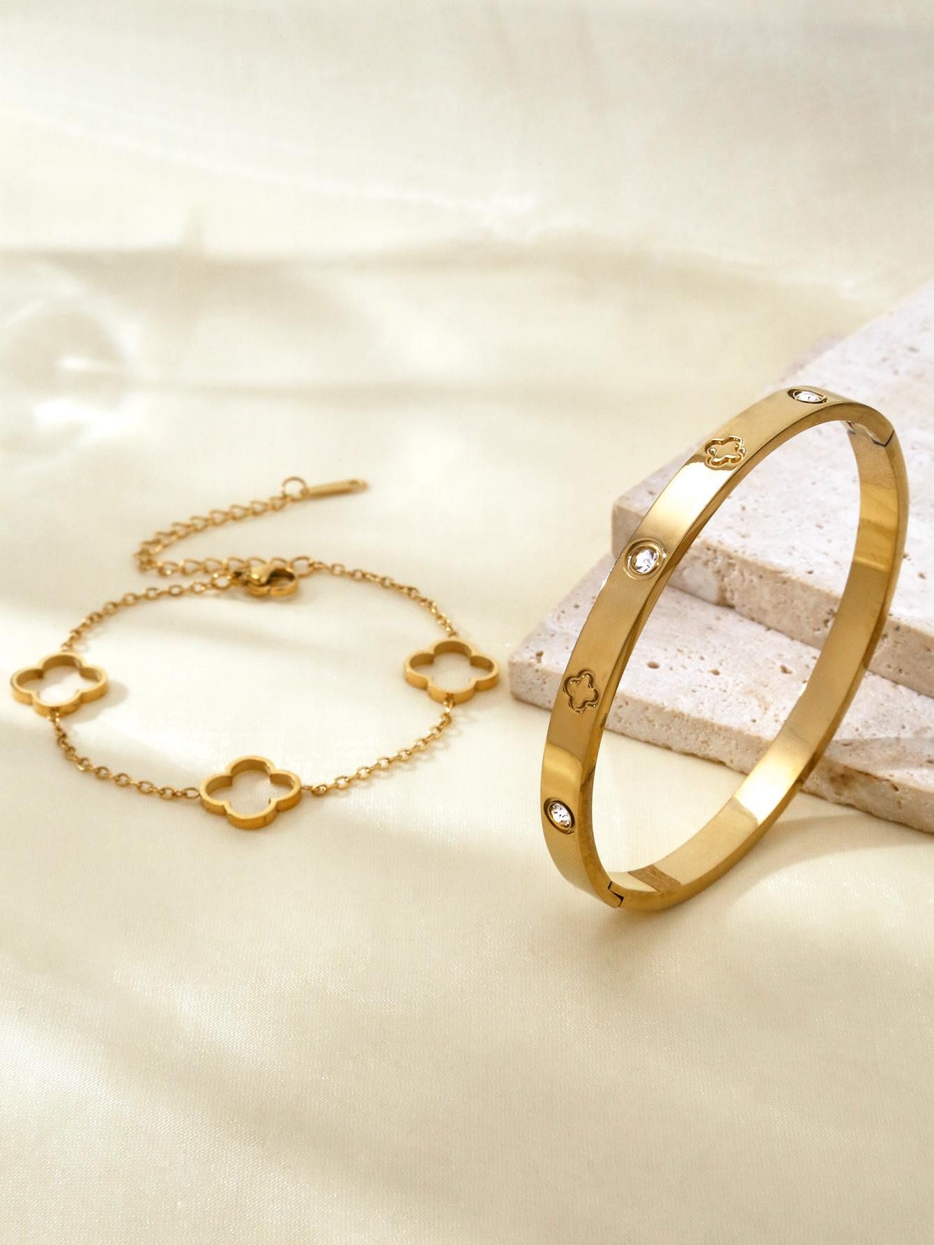 

Япония и Южная Корея Легкая роскошь Нержавеющая сталь Инкрустированный цирконием Четырехлистный клевер Браслет, Браслет с цветком удачи Набор ювелирных изделий