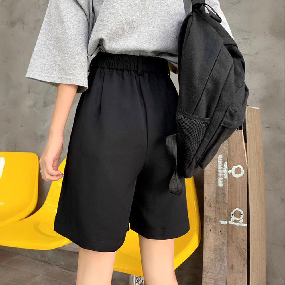 Damen Schwarze High Waist Locker Geschnittene Shorts im Koreanischen Stil mit Weitem Bein - Schlankmachende Frühling Freizeitkleidung
