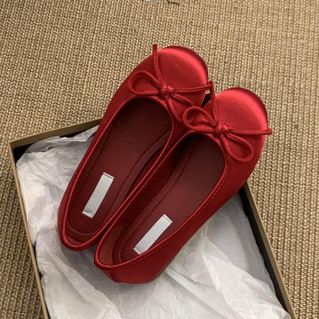 Red shallow single shoes women's new retro gentle round head ballet flat beanie shoes