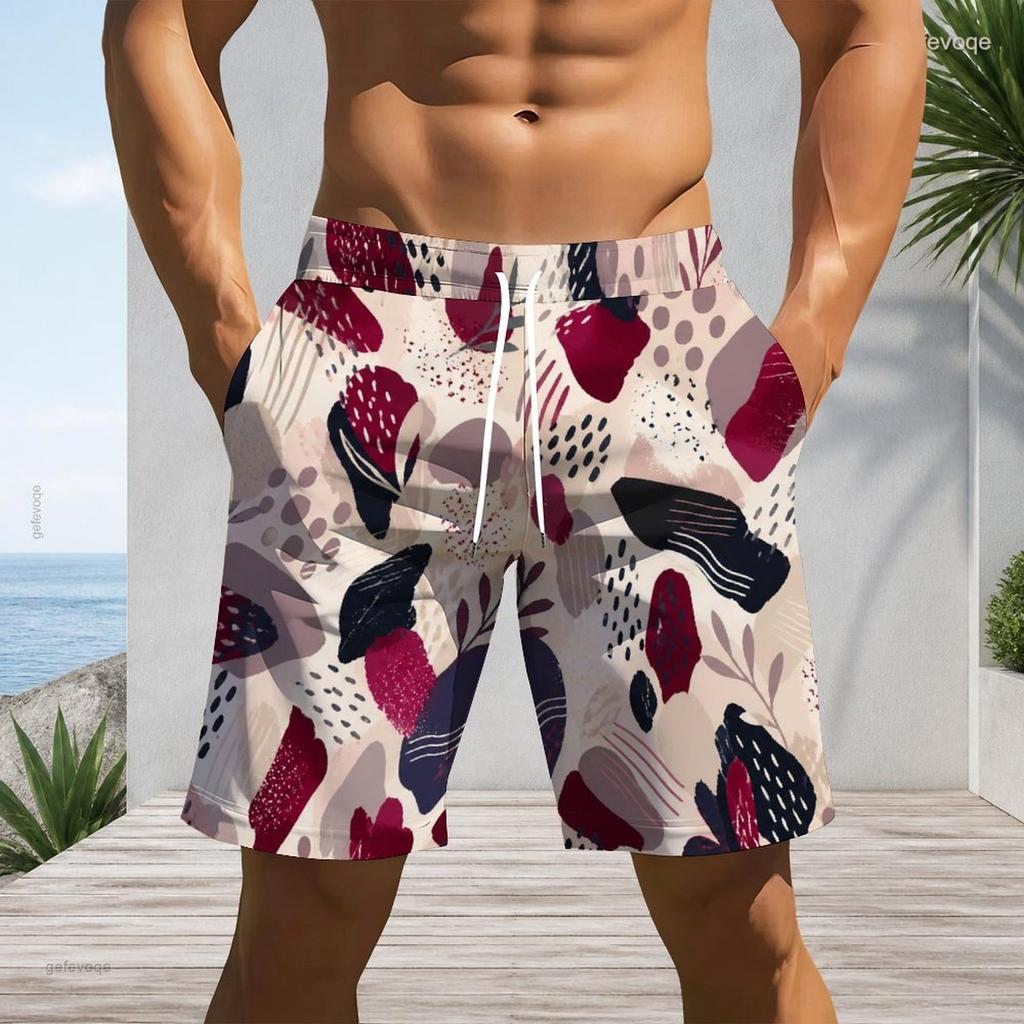 Men Plus Size Printed Beach Shorts Drawstring Waist Side Pockets Straight Leg